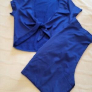 TOB Womens Blue Front Tie Knot Bodycon Crop Top & Shorts 2 Piece Set Size Medium